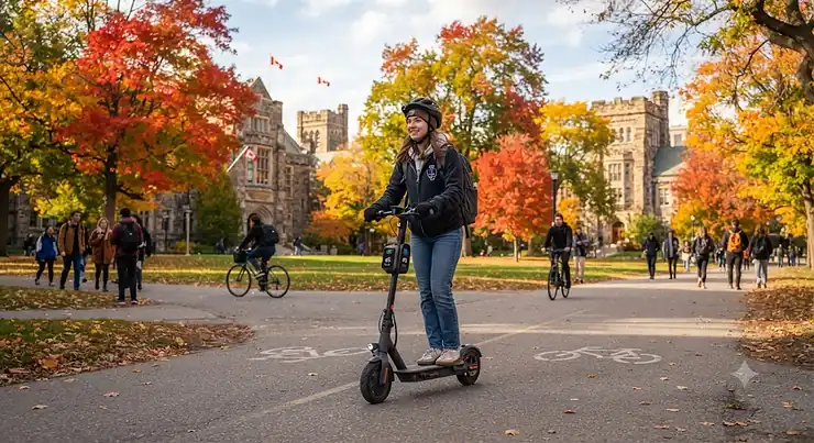 A student riding a 30-60 km range electric scooter across a Canadian university campus during autumn 30-60 km range electric scooter for students