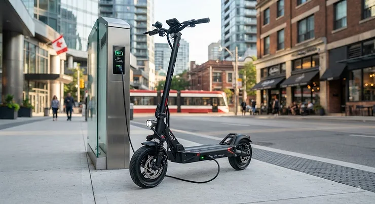 A sleek electric scooter charging in a modern Canadian urban setting, representing the top fast-charging models available for under $1000 CAD. top fast charging electric scooters under $1000 CAD