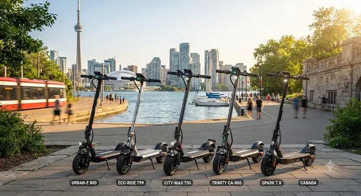 A lineup of the top medium-range electric scooters under $800 CAD parked against a modern Toronto urban backdrop, highlighting affordable urban mobility for Canadian commuters. / Une gamme de trottinettes électriques abordables pour les navetteurs urbains au Canada.
