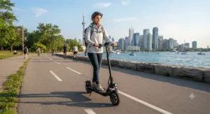 A commuter riding a top medium-range electric scooter under $800 CAD across a bike lane, built for daily transit in Canadian cities. / Navetteur utilisant une trottinette électrique dans une piste cyclable urbaine.