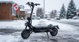 A winter-ready dual battery scooter for heavy riders featuring high ground clearance and durable tires for Canadian conditions.