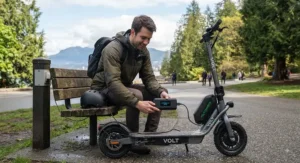 A durable electric scooter with fast charging capabilities parked on a snowy Canadian street