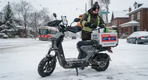 An extended range scooter equipped with winter tires and cargo rack for all-weather Canadian delivery.