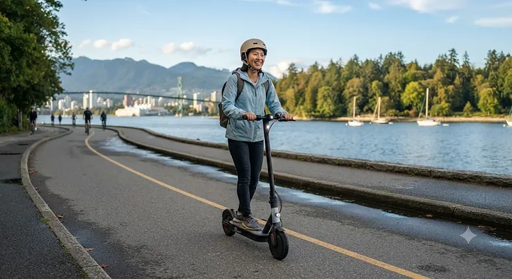 A beginner rider enjoying a smooth ride on a 25 km/h electric scooter on a paved multi-use trail in Vancouver, BC.