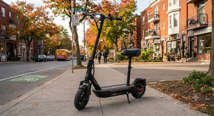 A sleek 25 km/h electric scooter under $700 CAD parked on a paved Canadian city sidewalk.