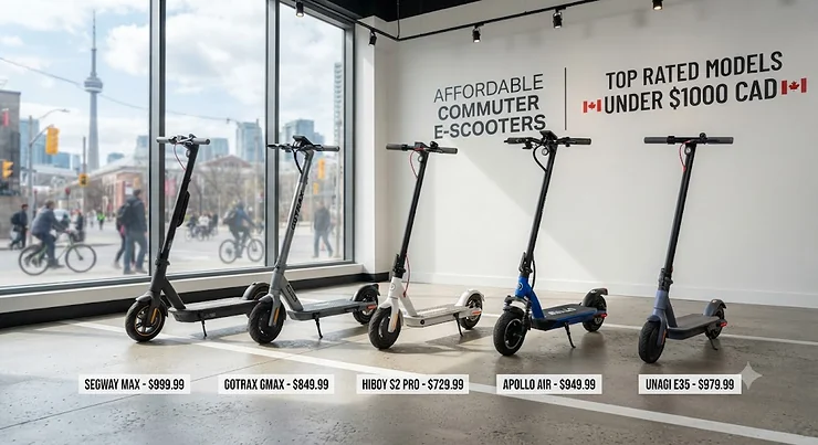 A lineup of sleek electric scooters capable of 32 km/h available under $1000 CAD for Canadian commuters. 32 km/h electric scooters under $1000 CAD