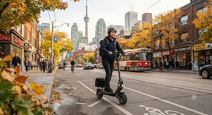 A commuter riding a 32 km/h scooter for city riding down a vibrant Toronto downtown street during autumn.