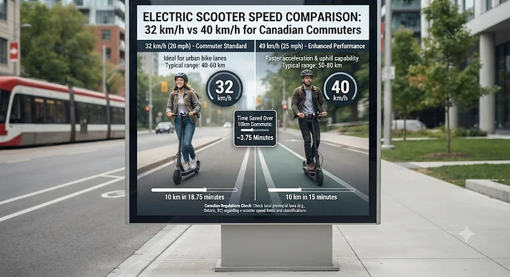 Infographic comparing speed differences between a 32 km/h and a 40 km/h electric scooter for Canadian commuters. 32 km/h vs 40 km/h electric scooter