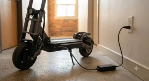 High-capacity battery of a 40 km/h electric scooter plugged into a standard wall outlet for charging.