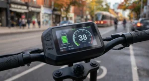 Digital speedometer display on a 40 km/h electric scooter showing speed and battery life.