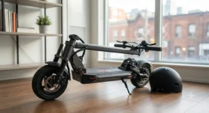 Portable 40 km/h electric scooter shown in its folded position for easy storage in a downtown apartment.