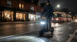 Bright LED headlights illuminating the road during an evening ride on a 40 km/h electric scooter.