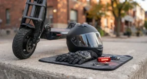 Essential safety gear including a helmet laid out next to a 40 km/h electric scooter.
