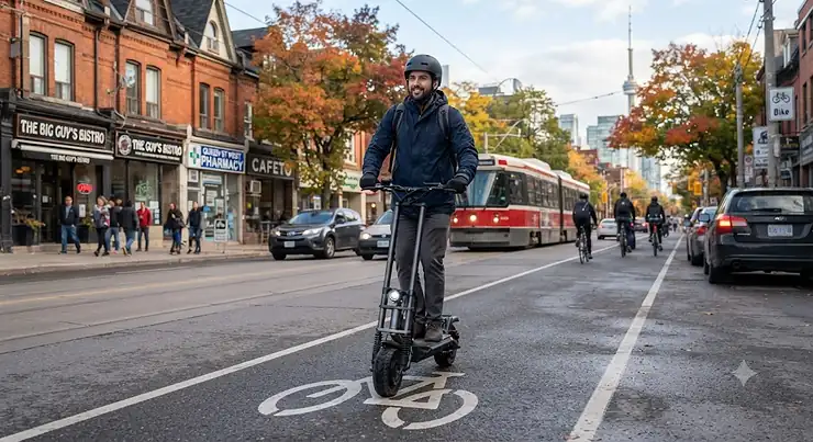 Commuter riding a 40 km/h electric scooter safely in a Canadian city bike lane during autumn.