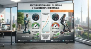 Visual comparison of motor power and hill climbing between 25 km/h and 32 km/h electric scooters.