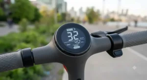 Close-up of an electric scooter digital dashboard showing a speed of 32 km/h.
