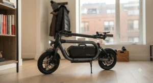 An affordable removable battery electric scooter folded compactly for storage in a downtown apartment.