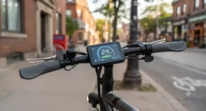 Close-up of the digital dashboard on an affordable removable battery electric scooter.