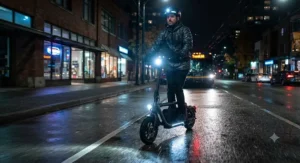 An affordable removable battery electric scooter equipped with bright LED lights for evening rides.