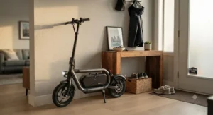 Storing an affordable removable battery electric scooter neatly in an entryway.