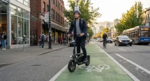 A commuter riding an affordable removable battery electric scooter down an urban bike lane.