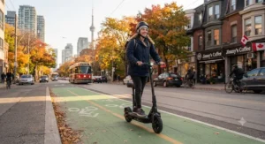 A commuter riding an affordable 25 km/h electric scooter in a Toronto bike lane during autumn.