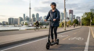 A Canadian commuter wearing a certified helmet while operating a 25 km/h electric scooter for beginners in Toronto.