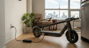 Charging the battery of a reliable 25 km/h electric scooter for beginners inside a modern Canadian apartment.