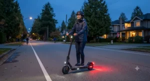 An electric scooter for beginners with rear safety lights ridden safely at dusk on a suburban Canadian street.