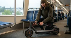 A person folding a lightweight electric scooter for easy storage on public transit in Vancouver.