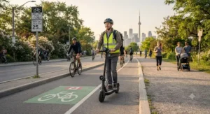 Electric scooter rider sharing a Canadian bike path while obeying speed limits.