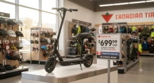 An electric scooter priced under $700 CAD displayed next to Canadian pricing details.
