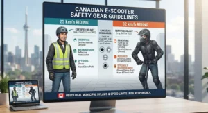 Recommended safety gear and certified helmets for riding 25 km/h and 32 km/h electric scooters in Canada.