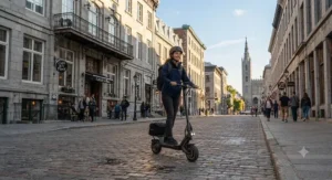 A rider using a 32 km/h scooter for city riding past historic architecture in Old Montreal.
