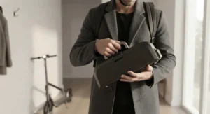 A close-up view of a person carrying the portable battery pack removed from an electric scooter.