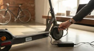 Plugging in the battery of a legal electric scooter for commuting at an indoor workspace.