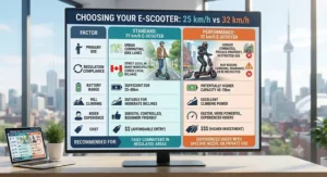 Buyer decision matrix helping Canadians choose between a 25 km/h or 32 km/h electric scooter.