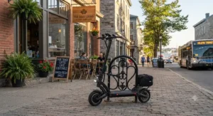 A stylish 32 km/h scooter for city riding parked outside a local Canadian coffee shop on a sunny afternoon.