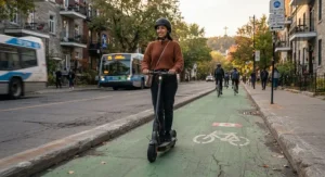 A newcomer navigating a designated bike lane in Montreal on a legal 25 km/h electric scooter for beginners.
