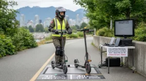 Rider wearing safety gear while testing a 32 km/h vs 40 km/h electric scooter on Canadian paths.