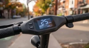 Close-up of a digital LED dashboard on a budget electric scooter displaying a legal speed of 25 km/h.
