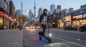 An illuminated 32 km/h scooter for city riding featuring bright LED lights for safe evening commutes in Canadian cities.