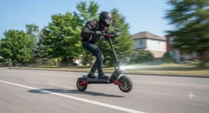 Experienced rider accelerating quickly on a high speed electric scooter for experienced riders on an open suburban roadway.