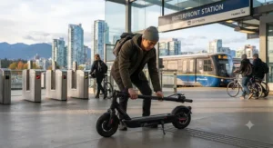 A person folding a lightweight 25 km/h electric scooter for public transit use in Vancouver.
