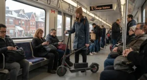 Foldable electric scooter with a removable battery designed for easy transport on Canadian public transit.