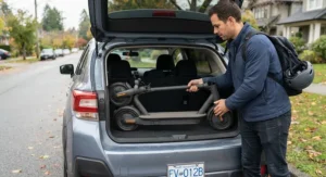 A practical mid-speed electric scooter for commuting easily loaded into the trunk of a hatchback for a multimodal trip.