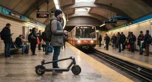A compact mid-speed electric scooter for commuting folded neatly next to a commuter at a Montreal metro station.