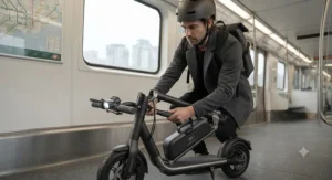 Demonstrating the folding mechanism of an electric scooter with removable battery for easy public transit use.