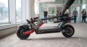 Heavy-duty folding mechanism on a high speed electric scooter for experienced riders designed for easy transit.