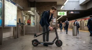 A commuter folding a legal electric scooter for commuting to bring onto Canadian public transit.